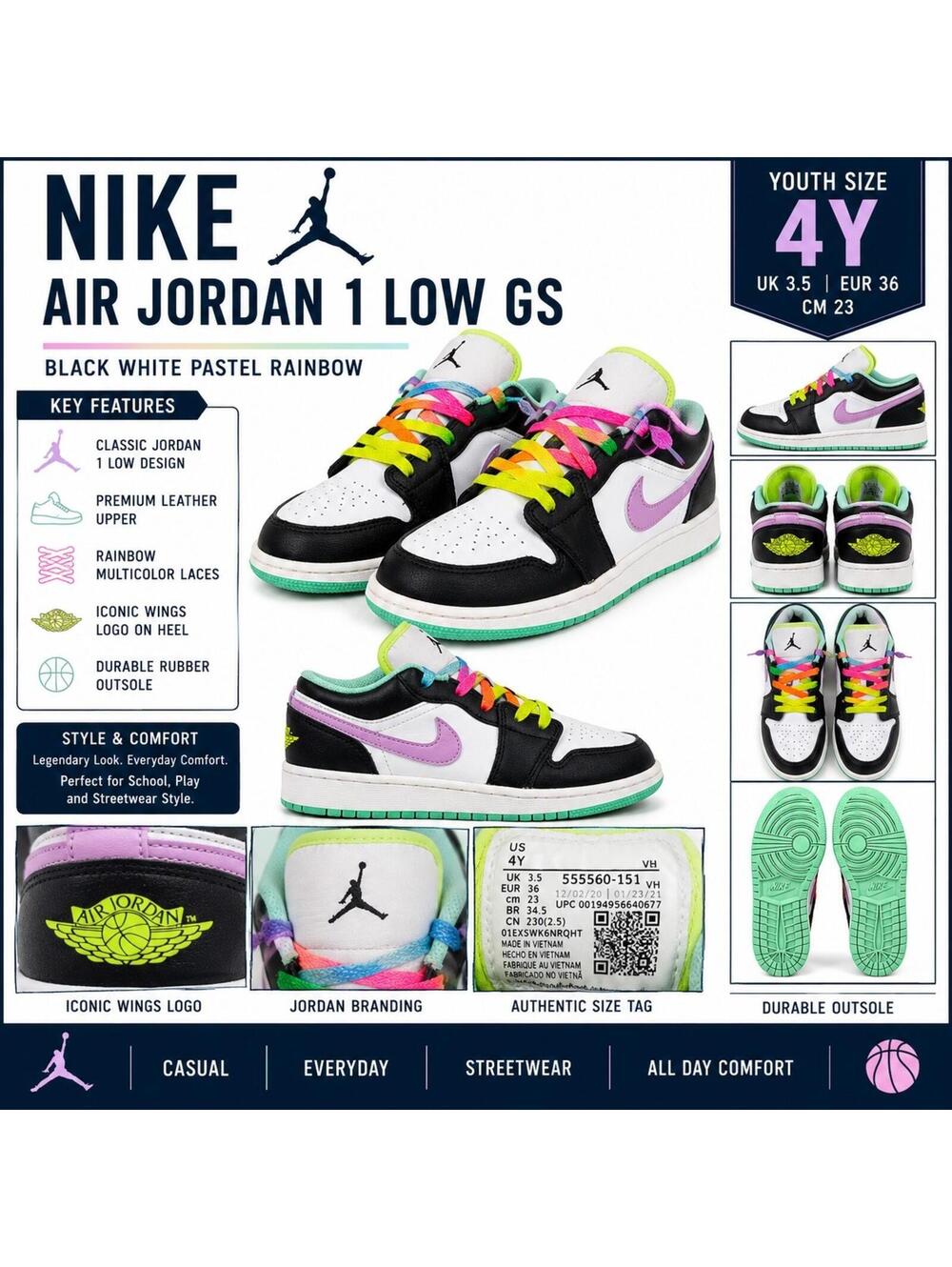 Nike Air Jordan 1 Low GS 4Y Black White Pastel Rainbow Lace Sneakers Youth